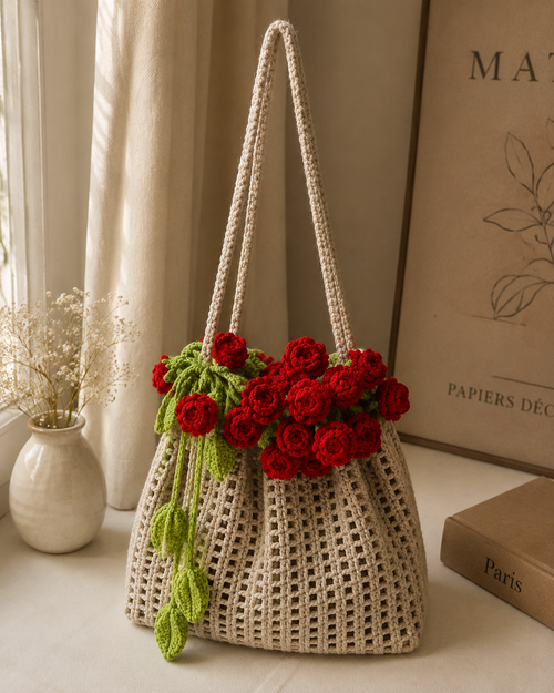 Handmade Crochet Rose Bucket Bag