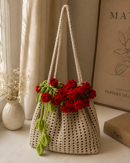 Handmade Crochet Rose Bucket Bag