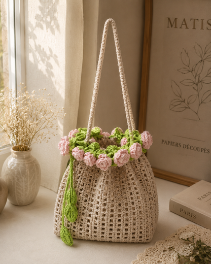 Handmade Crochet Rose Bucket Bag